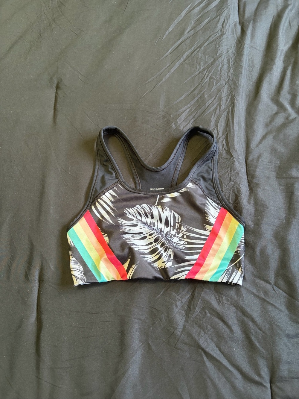2016 Victoria's Secret PINK black sports bra w/leaf print&rainbow stripes.Size S